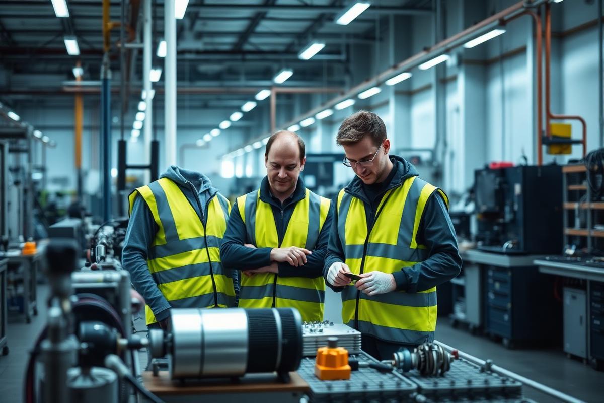 Engineers inspecting pump components on a manufacturing floor